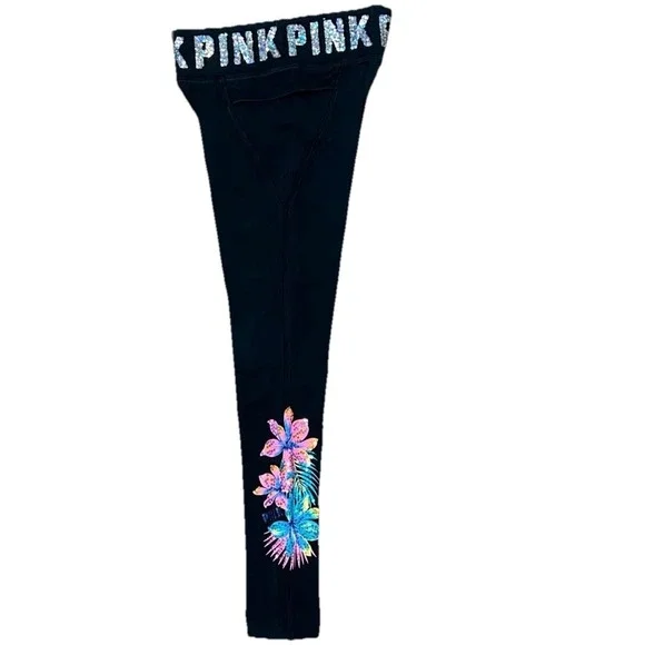 VS PINK Hibiscus Bling Yoga Leggings Wmns L Sequin Activewear Blk/Pink Y2K - Picture 1 of 6